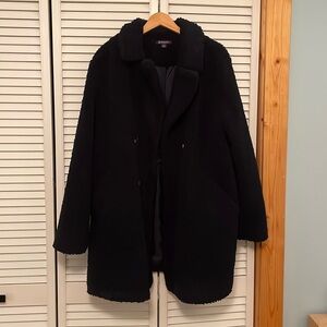 Roaman’s fuzzy teddy Peacoat navy blue with brown buttons